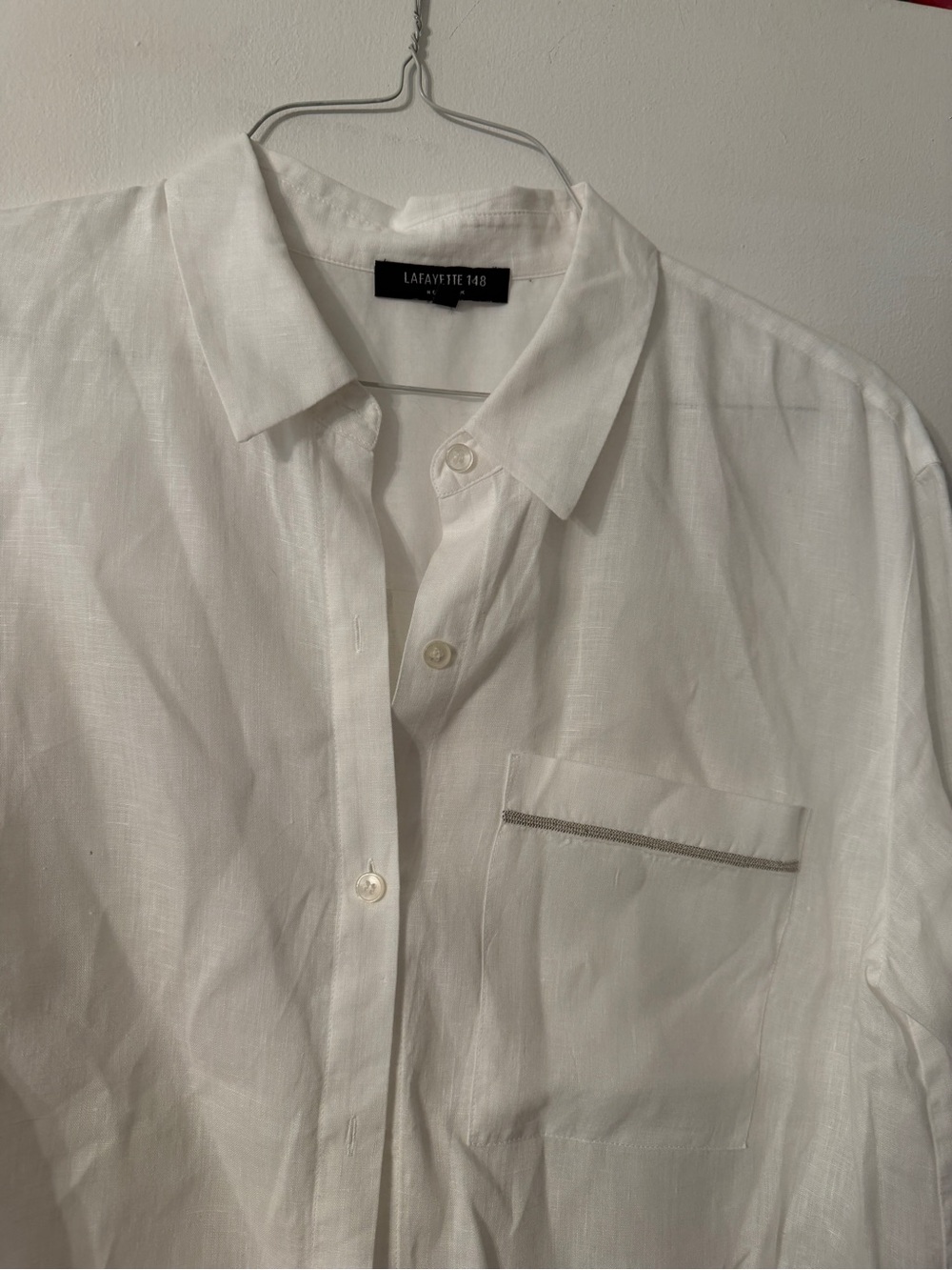 Lafayette 148 New York White Short-Sleeve Linen Button-Down Women’s Shirt - Picture 5 of 6